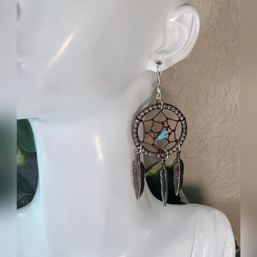 Silver Dreamcatcher Statement Dangle Earrings / Pierced